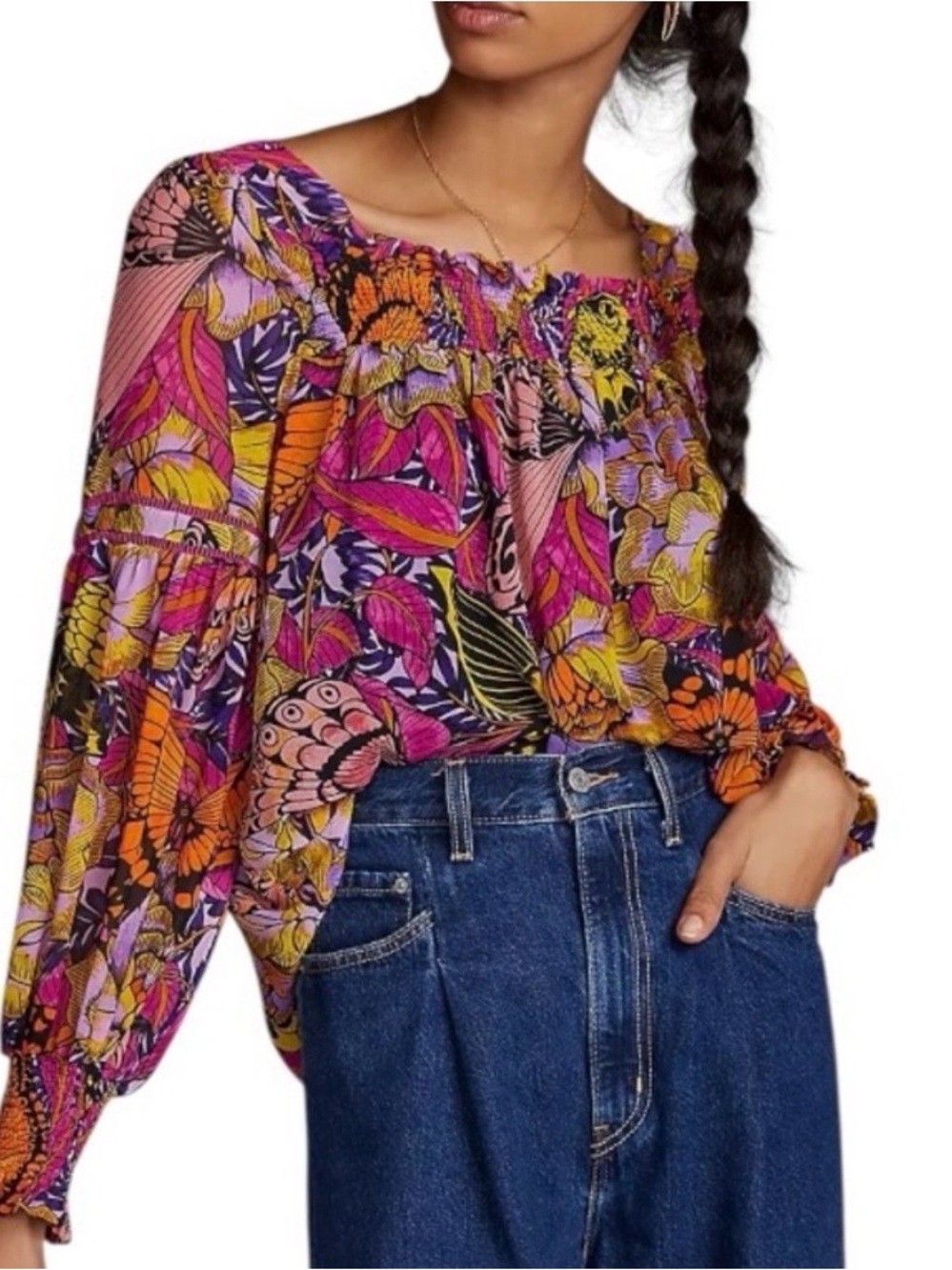 Alexandra Farmer x Anthropologie Puff Sleeve Blouse Butterfly Floral Size Medium